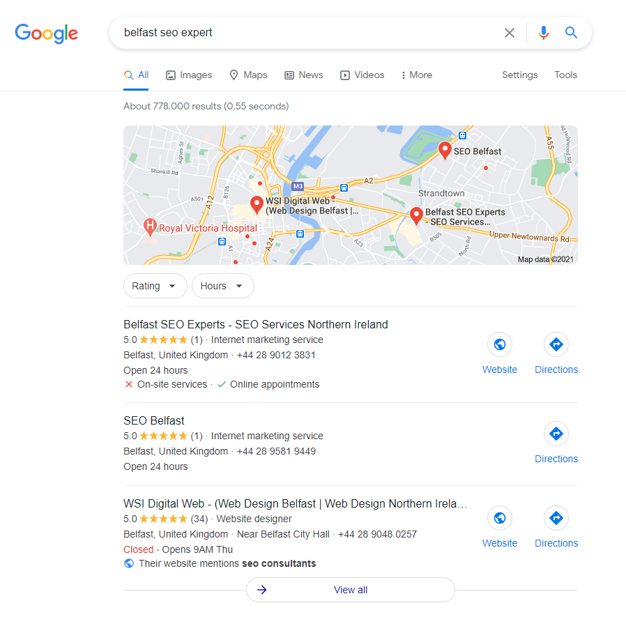 belfast seo expert maps ranking 1